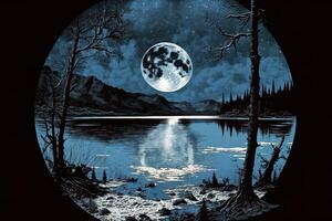 ilustración diseño en cianotipo estilo foto de el Luna a noche. generativo ai.