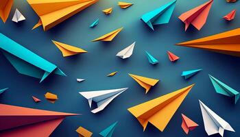 Wallpaper of colorful paper planes over blue background. Cute illustration design of paper planes in vibrant colors. . photo