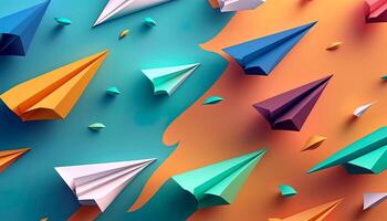 fondo de pantalla de vistoso papel aviones terminado azul y naranja antecedentes. linda ilustración diseño de papel aviones en vibrante colores. generativo ai. foto