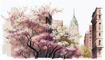 Watercolor illustration design of beautiful flowers over white background with beautiful architecture buildings. . photo