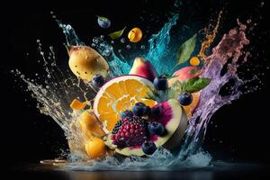 Fruit splash over dark background. . photo