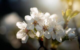 Almond tree flowers with branches and almond nut close up. Blossom season. . photo