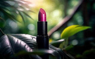 Pink lipstick in green moody jungle. Product and make up photo concept. .