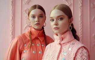 Fashion studio portrait photo of two young women wearing pastel color clothes. .