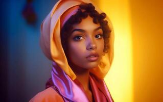 Fashion portrait photo of beautiful young interracial woman with pastel palette colors. .