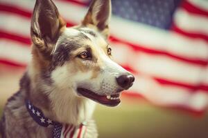 Cute dogg on American flag background. Independence Day or flag day. illustration photo