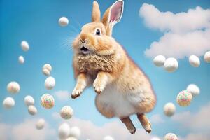 Cute easter bunny with easter eggs fly against the blue sky. illustration photo