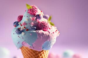 Rainbow dreamy Ice Cream Cone close-up decorated with berries on violet background. illustration photo