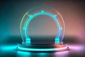 Arched portal podium with neon glow for product presentation. illustration photo