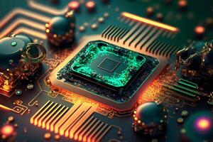 Motherboard with electronic circuits and CPU with glowing neon structures. Abstract cybernetic technologies. illustration photo