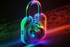 Abstract holographic neon padlock cyber security symbol. Technology network data protection concept. illustration photo