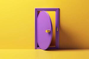 Open purple door on yellow background. Creative concept of accessibility, choice, exit. illustration photo