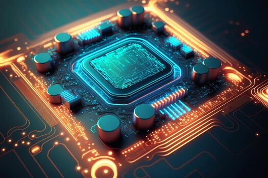 Motherboard with electronic circuits and CPU with glowing neon structures. Abstract cybernetic technologies. illustration photo