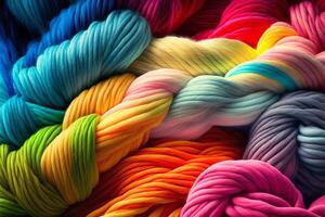 Many colorful Rainbow yarn for knitting. Twisted threads abstract background. illustration photo