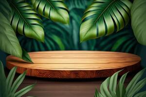 Empty wooden round podium for product display on green tropical leaves background. illustration photo