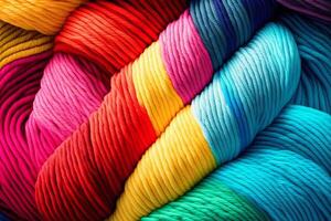 Many colorful Rainbow yarn for knitting. Twisted threads abstract background. illustration photo