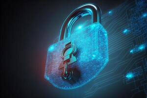 Abstract holographic neon padlock cyber security symbol. Technology network data protection concept. illustration photo