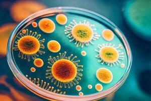 Petri dish with abstract bacteria and viruses, macro view. illustration photo