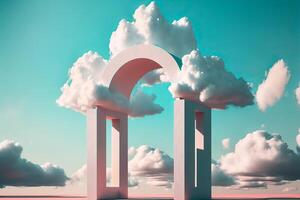 Arched portal podium on fantasy surreal landscape. Pastel gradient cloud sky. illustration photo