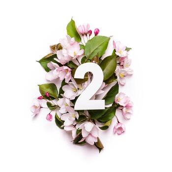 Paper number two on background of apple trees. Minimal creative Layout with natural elements for your design photo