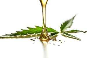 Cannabis extract oil drop and hemp leaf on white background. illustration photo