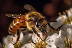 A bee on white flower collects pollen. illustration photo