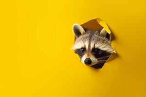 Cute raccoon peeking through a torn hole in a yellow paper background. photo