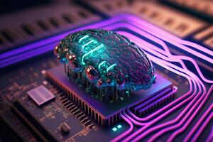 Cybernetic brain artificial intelligence from chips with holographic glowing structures. Futuristic technology concept. illustration photo
