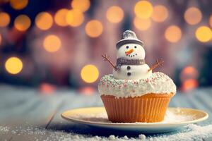 Creative cupcake snowman on the holiday table, copy space. illustration photo