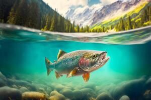 Rainbow trout swims in the water column in a mountain river. Wild fish fishing concept. illustration photo