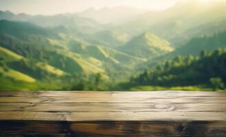 Empty wooden tabletop with green hills background for advertising and presentation. Selective focus on tabletop. illustration photo