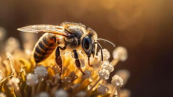 A bee on yellow flower collects pollen. illustration photo