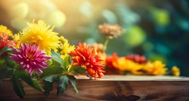 Empty wooden tabletop with colorful flowers background for advertising and presentation. Selective focus on tabletop. illustration photo