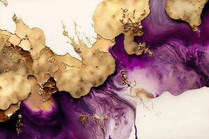 Fluid Art. Liquid purple ink and gold metallic abstract drips and wave. illustration photo