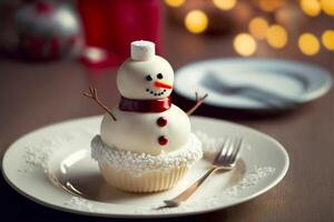 Creative cupcake snowman on the holiday table, copy space. illustration photo