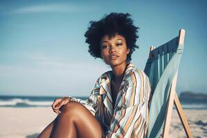 Portrait of stylish black woman in a sun lounger on the sandy beach on vacation enjoy. illustration photo