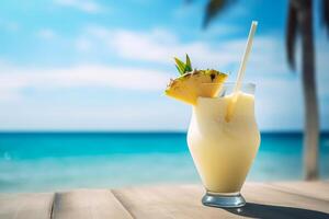 Tropical cocktail Pina colada against the backdrop of beautiful tropical scenery. illustration photo