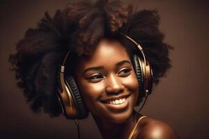 despreocupado negro mujer con afro pelo escucha canción en auriculares. generativo ai ilustración foto