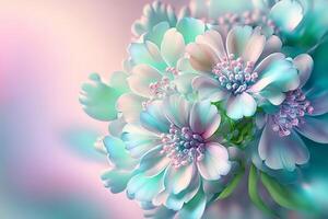 Spring floral gradient background with iridescent surreal flowers, delicate pastel colors. illustration photo