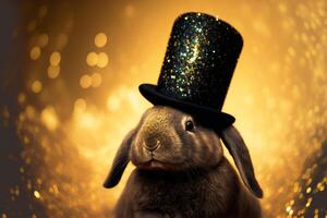 Cute black rabbit in shiny hat on golden bokeh background. Symbol of the year according to Chinese horoscope. illustration photo