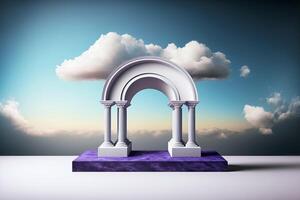 Arched portal podium on fantasy surreal landscape. Pastel gradient cloud sky. illustration photo