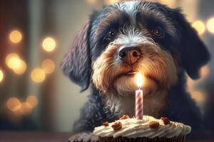 Cute dog celebrates birthday with cupcake on festive bokeh background. illustration photo