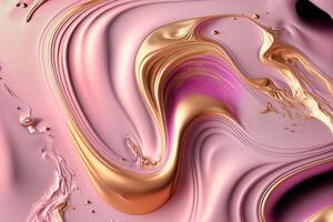 Fluid Art. Liquid pink cream and metallic gold waves and swirls. illustration photo