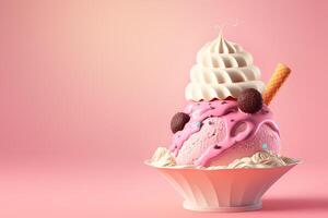 Pink dreamy Ice Cream close-up decorated with chocolate and waffle. illustration photo