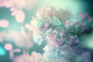 Spring floral gradient background with iridescent surreal flowers, delicate pastel colors. illustration photo