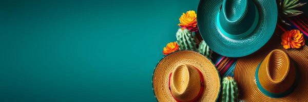 Cinco de Mayo holiday background. Mexican cactus And party sombrero hats on teal green banner. illustration photo