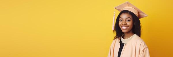Yellow Banner with Beautiful black woman wearing a graduation cap. Study, education, university, college, graduate concept. illustration photo