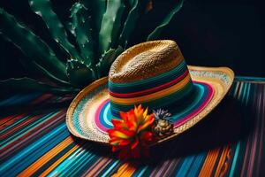 Cinco de Mayo holiday background. Mexican blooming cactus and party sombrero hat. illustration photo