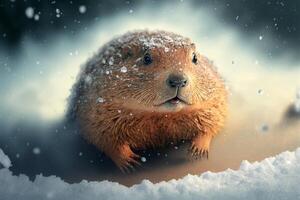 Happy Groundhog Day. Groundhog emerges from a snowy hole after hibernation. illustration photo