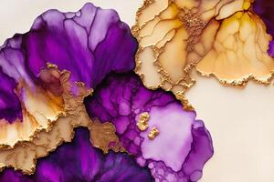 Fluid Art. Liquid purple ink abstract drips and gold metallic veins. illustration photo